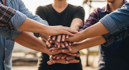 Close-up of multiple hands stacked together by a group of people wearing casual clothing