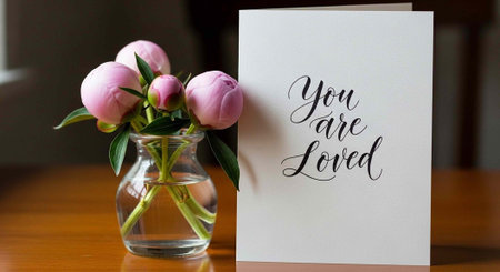 A clear glass vase with pink peonies and a white card with You Are Loved message on a wooden table