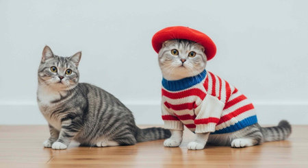 Two adorable cats sitting on a wooden floor wearing a red hat and striped sweater