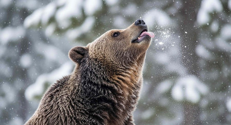 Close-up of brown bear with head tilted back, catching snowflakes on its tongue in a snowy forest