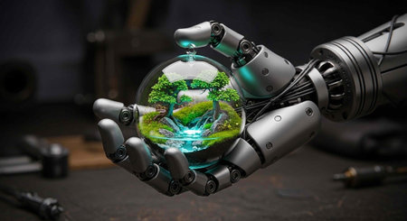 A robotic hand holds a glowing crystal ball with a miniature natural landscape inside