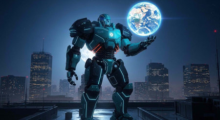 A large robot stands on a rooftop holding the Earth in its hand with a cityscape at night