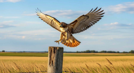 A hawk perched on a wooden fence post in a vast open field under a blue sky