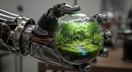 A robotic hand holds a miniature globe with a lush forest ecosystem inside a futuristic laboratory setting.