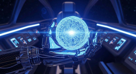 A robotic hand holds a glowing blue orb in a futuristic control room with neon lights