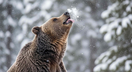 Close-up of brown bear with tongue out catching snowflakes in snowy forest environment