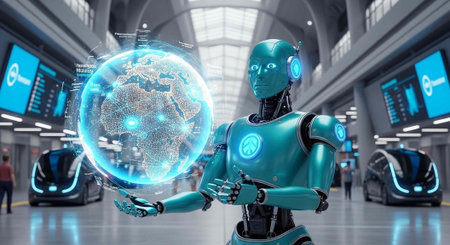 A teal robot stands in a futuristic hall, holding a radiant blue globe, surrounded by advanced vehicles and screens.