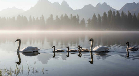A group of swans glide across a calm lake with misty mountains and trees in the background at dawn