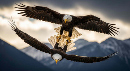 Two bald eagles flying closely together with outstretched wings against a backdrop of mountains and clouds