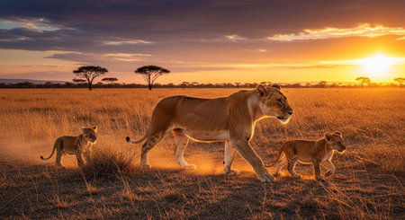 A lioness and her two cubs walking together in a serene savannah landscape at sunset