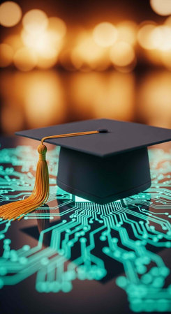 Black graduation cap with gold tassel on a green circuit board with blurred bokeh lights in background
