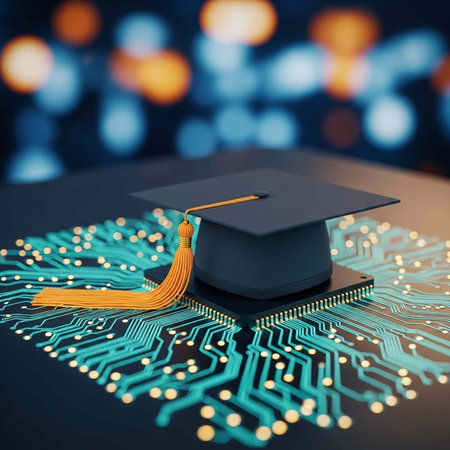 A graduation cap sits on a circuit board with a blurred background of colorful lights, representing technology and education