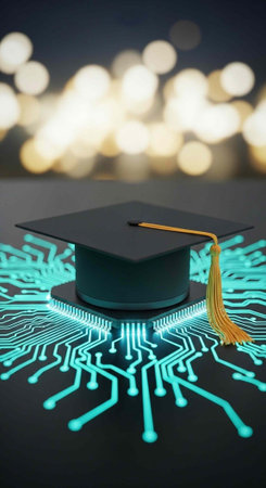 Black graduation cap with yellow tassel on blue circuit board with bright lights in background