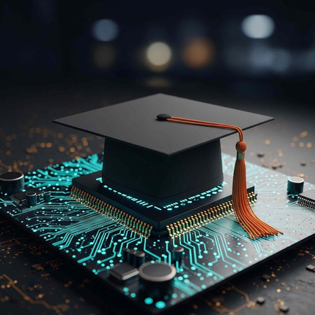 A black graduation cap with orange tassel sits on a glowing blue computer circuit board, representing tech education