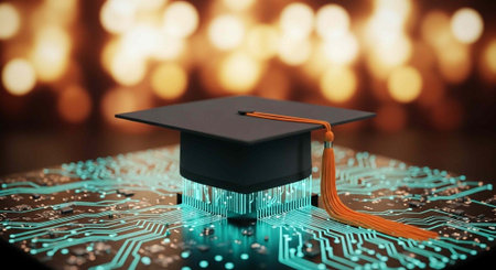 A black graduation cap with an orange tassel sits on a circuit board with glowing blue lines and dots