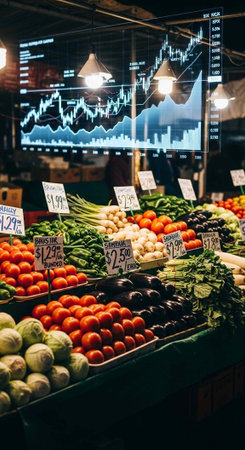 Colorful display of fresh vegetables with price tags at a market stall, with stock market graphs in the background