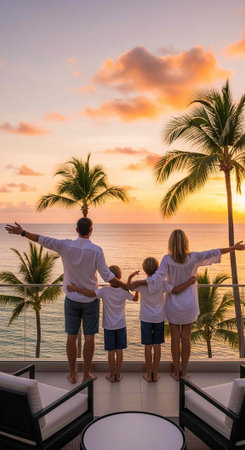 Family of four standing on balcony with arms outstretched, looking at sunset over ocean with palm trees