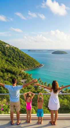 Family of four standing on balcony with arms outstretched, overlooking turquoise ocean and lush green islands