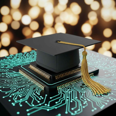 A graduation cap sits on a computer chip with a circuit board and bokeh lights in the background