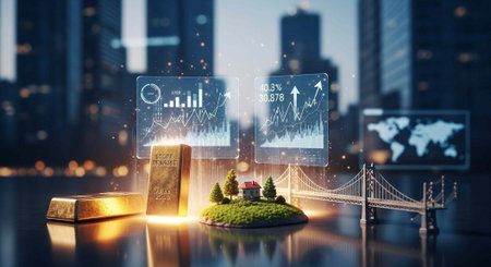 Business graph and gold bars with cityscape background. 3d rendering