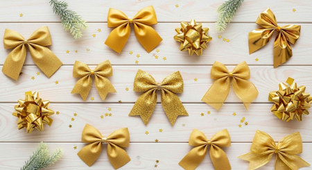 Festive gold bows and ribbons arranged on white wooden planks with pine leaves and scattered glittering stars