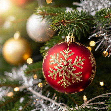 Close-up of red Christmas ornament with gold snowflake pattern hanging on green tree branch with lights and decorations