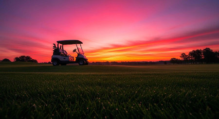 Golf cart on a green field with trees in the background under a colorful sunset sky