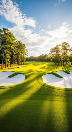 A peaceful golf course scene featuring sand bunkers, vibrant green grass, and trees set against a sunny blue sky