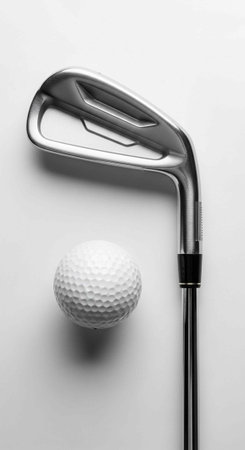Close-up of a golf club and white golf ball on a plain white background, sports equipment