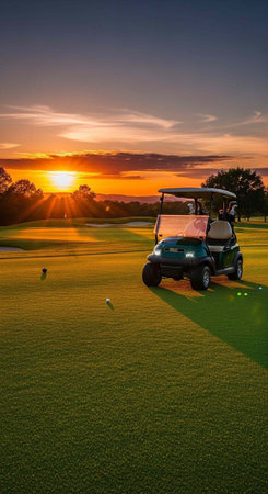 A golf cart sits on a well-manicured golf course during a breathtaking sunset with a clear sky