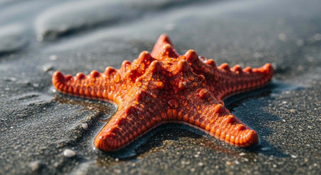 Close-up of an orange starfish with five arms on a wet sandy beach with small rocks and pebbles