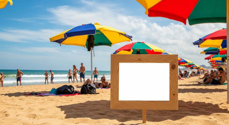 Vibrant beach scene with people, multicolored umbrellas, and a blank wooden sign on the sand
