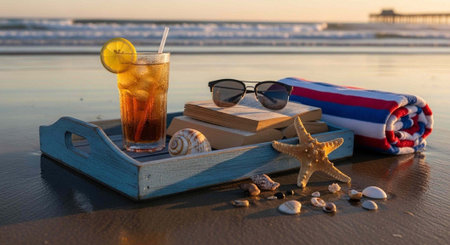 A refreshing summer setup on a beach with a drink, books, and sunglasses on a wooden tray