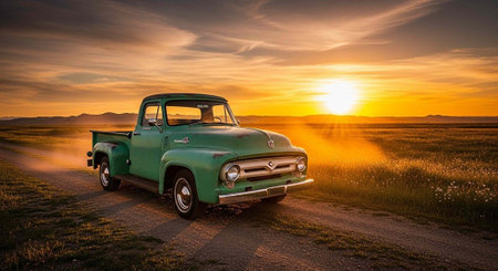A vintage green truck parked on a dirt road during a beautiful sunset in a rural landscape