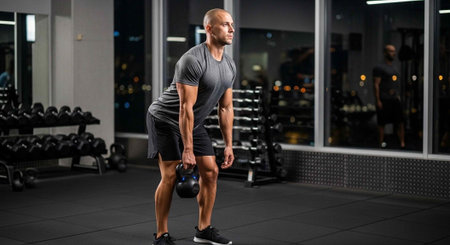 A man in athletic attire holds a kettlebell while exercising in a well-equipped gym with large windows