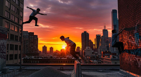 Three young men performing parkour stunts on rooftops at sunset in a cityscape with a vibrant sky