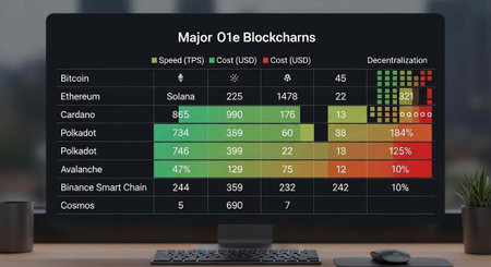 A computer monitor displays a table comparing major blockchain networks on a wooden desk in a modern office