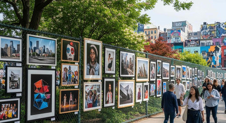 A vibrant outdoor art exhibit displayed on a fence in a bustling urban neighborhood with people walking by