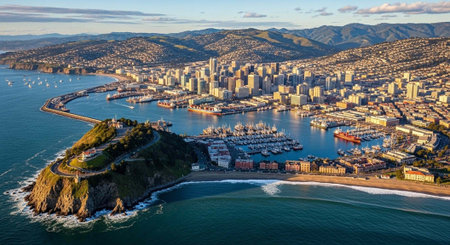 Aerial view of a coastal city with a harbor and mountainous landscape in the background at sunset