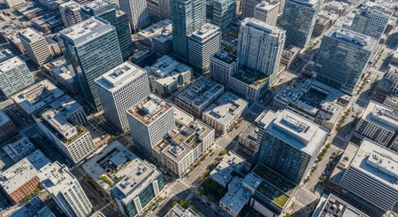 Aerial view of a bustling urban cityscape with modern skyscrapers and high-rise buildings