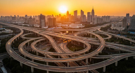 Aerial view of a complex highway interchange at sunset in a bustling cityscape with skyscrapers