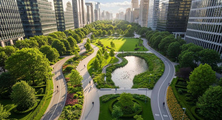 Aerial view of a modern city park with a pond and walking paths surrounded by tall buildings and lush greenery