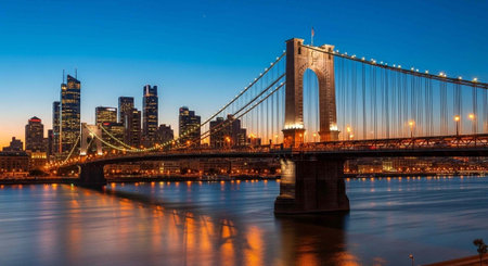 A serene cityscape at dusk featuring a majestic suspension bridge over a calm river with a vibrant skyline in the background.