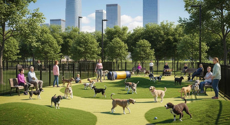 A lively dog park with people and their pets playing together in a fenced urban green space