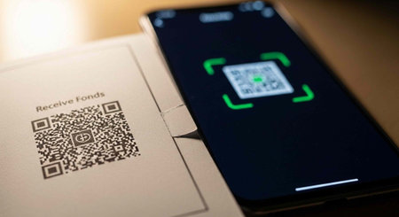 A smartphone displaying a QR code scanner next to a printed QR code for receiving funds.