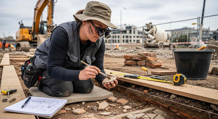 An archaeologist carefully examines a small artifact on a construction site with an excavator in the background.