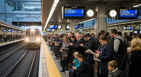 A crowded train station platform with people waiting for their train to arrive