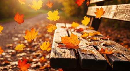 Autumn leaves on a wooden bench in the park. Selective focus.