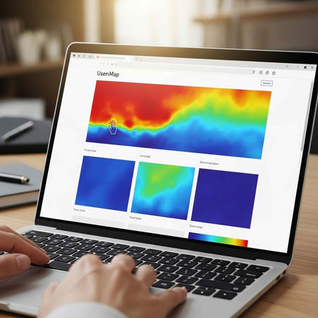 close up of man hands using laptop with colorfull website on screen