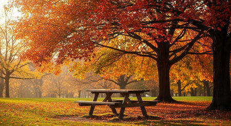 A serene picnic table sits under vibrant autumn trees in a peaceful park on a sunny day